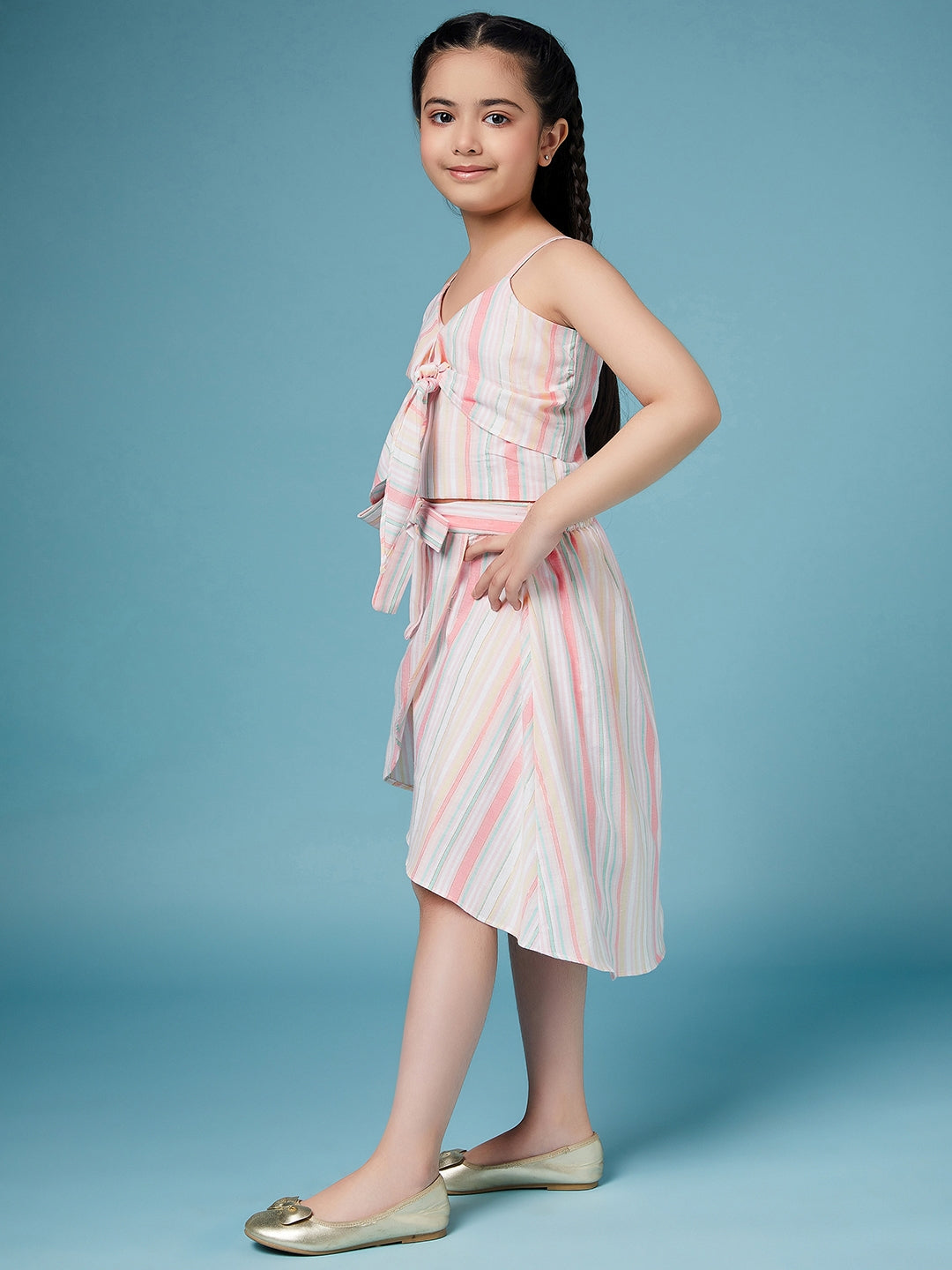 Girls Sleeveless Shoulder Straps Striped Pure Cotton Clothing Top & Skirt Set (sk-multistripes)