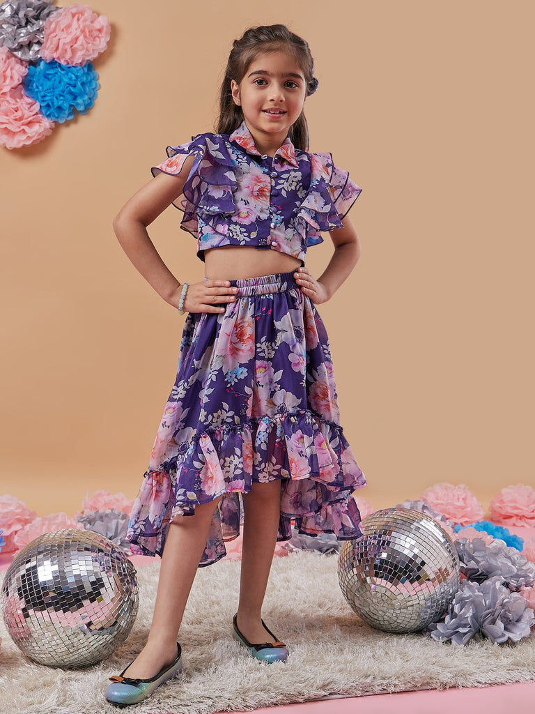 Girls Navy blue and pink printed Floral Printed round neck sleeveless Top with Navy blue and pink printed Skirt (sk-navyfloral)