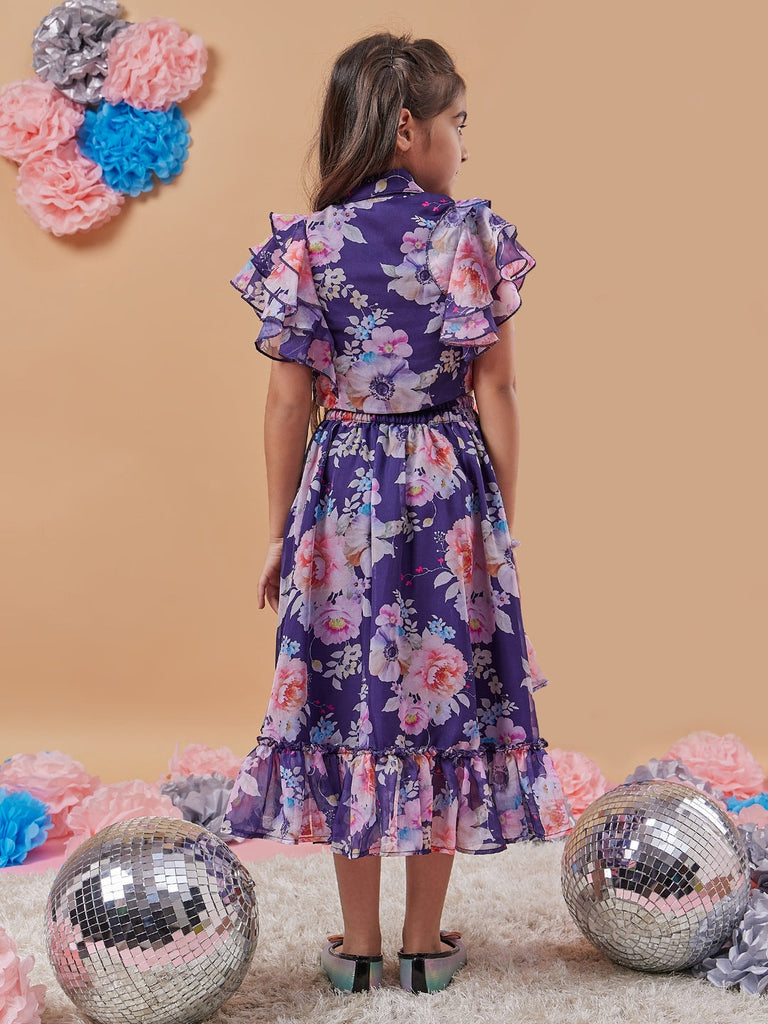Girls Navy blue and pink printed Floral Printed round neck sleeveless Top with Navy blue and pink printed Skirt (sk-navyfloral)