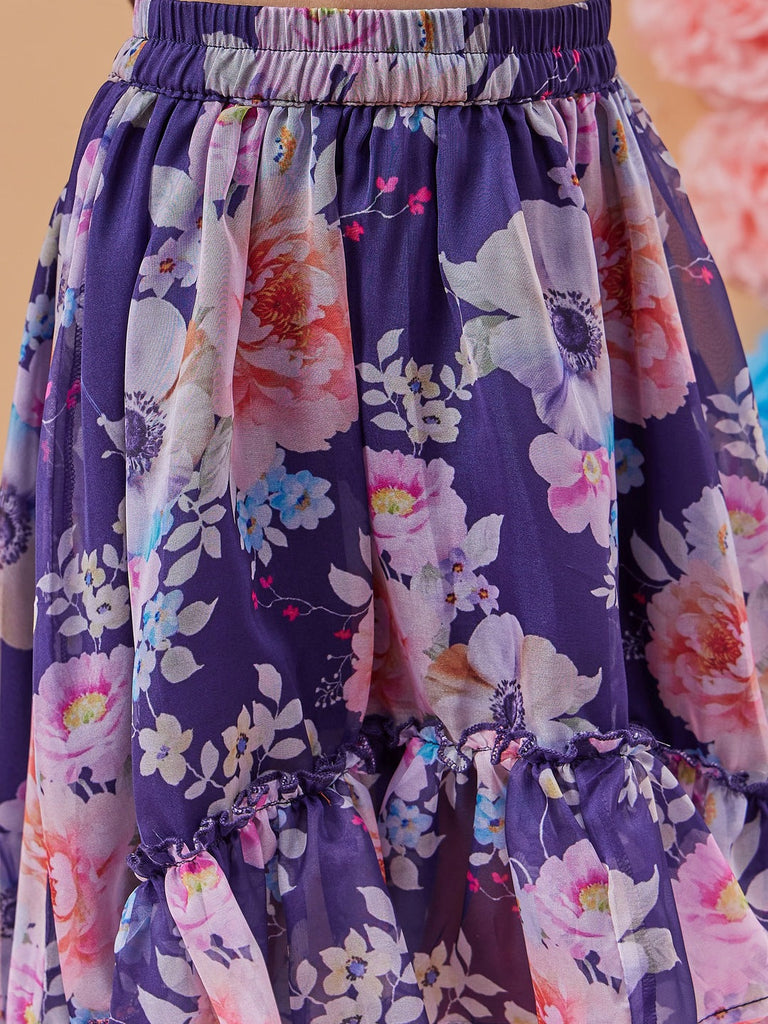 Girls Navy blue and pink printed Floral Printed round neck sleeveless Top with Navy blue and pink printed Skirt (sk-navyfloral)