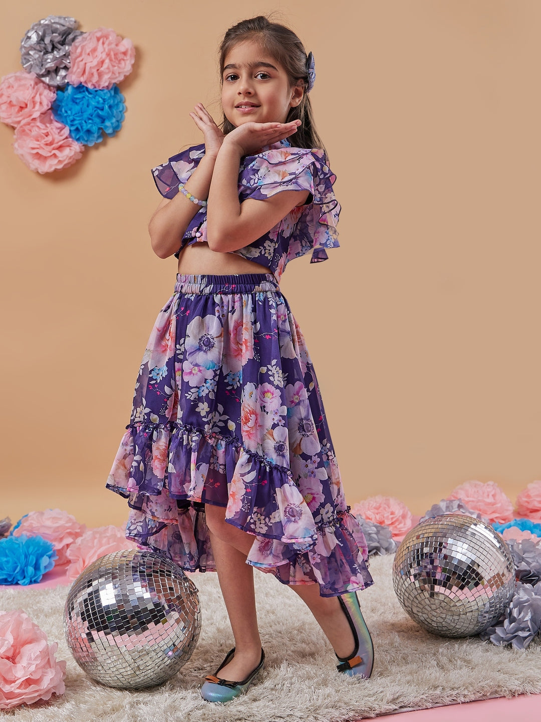 Girls Navy blue and pink printed Floral Printed round neck sleeveless Top with Navy blue and pink printed Skirt (sk-navyfloral)