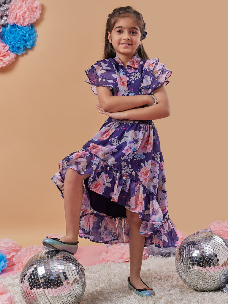 Girls Navy blue and pink printed Floral Printed round neck sleeveless Top with Navy blue and pink printed Skirt (sk-navyfloral)