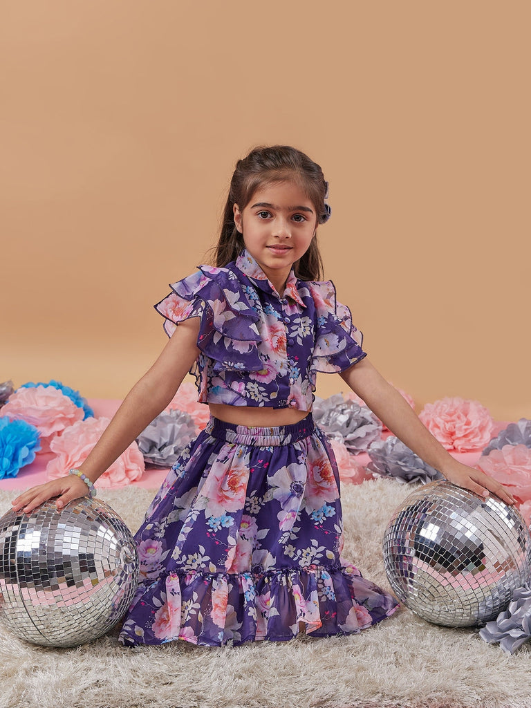 Girls Navy blue and pink printed Floral Printed round neck sleeveless Top with Navy blue and pink printed Skirt (sk-navyfloral)