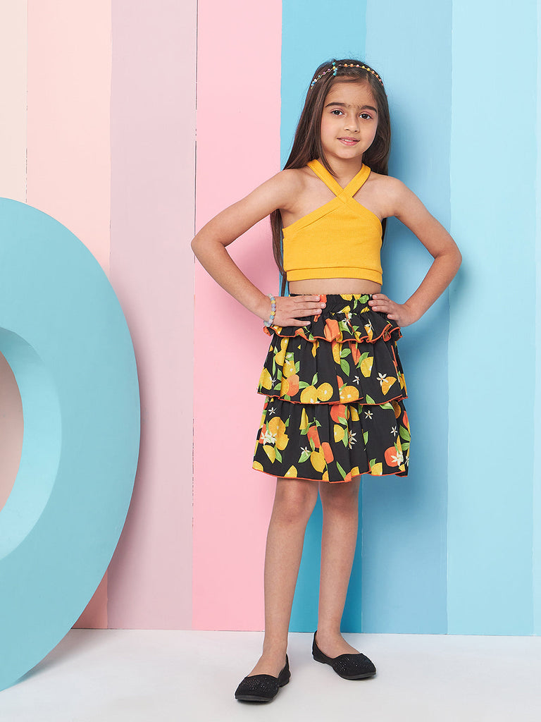 Girls Ribbed Halter Neck Top with Skirt (sk-orangelemon)
