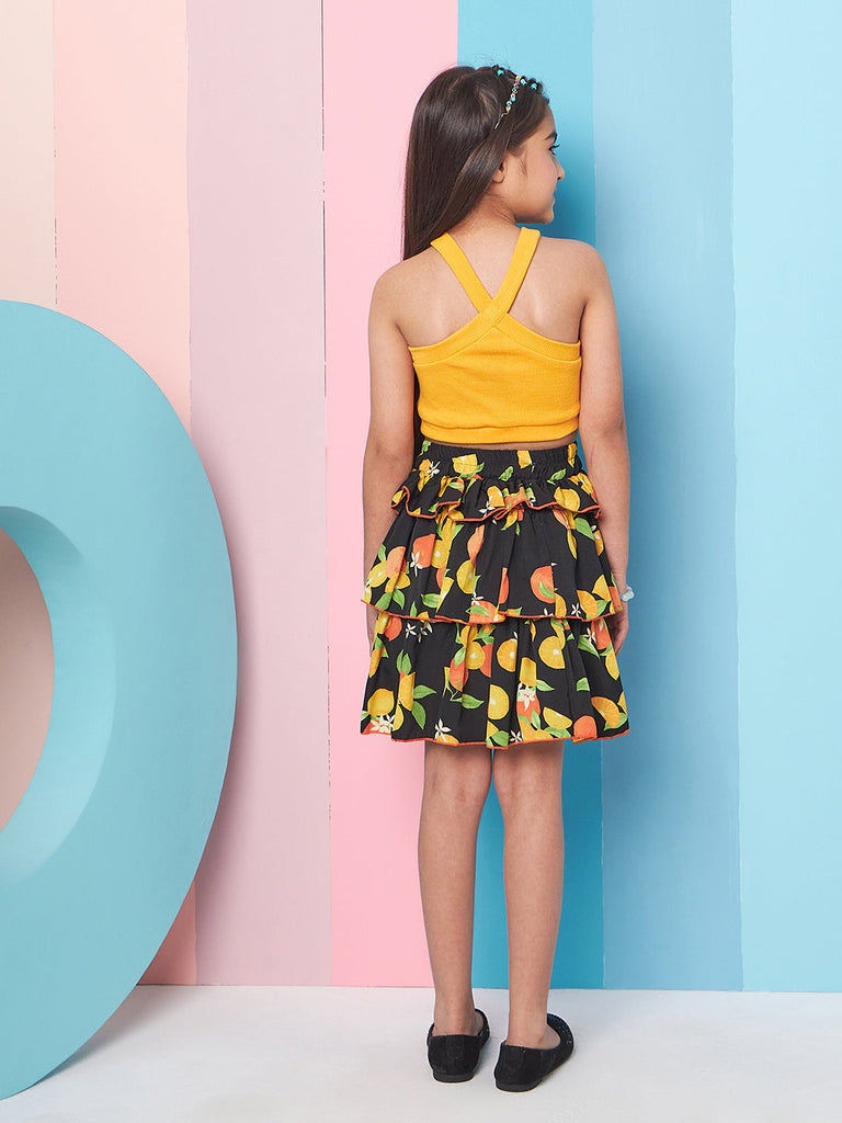 Girls Ribbed Halter Neck Top with Skirt (sk-orangelemon)