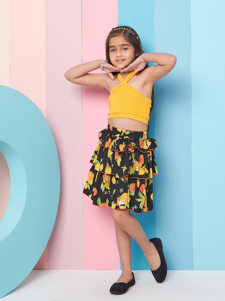 Girls Ribbed Halter Neck Top with Skirt (sk-orangelemon)
