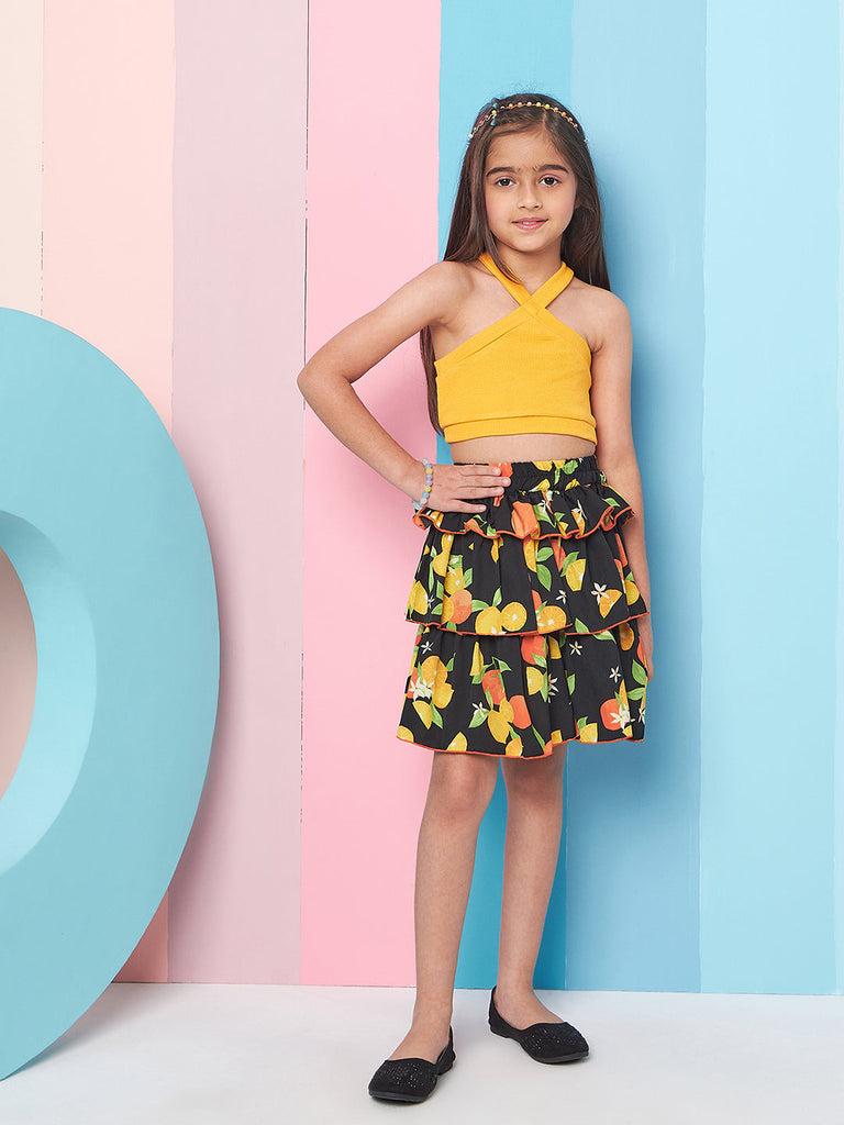 Girls Ribbed Halter Neck Top with Skirt (sk-orangelemon)