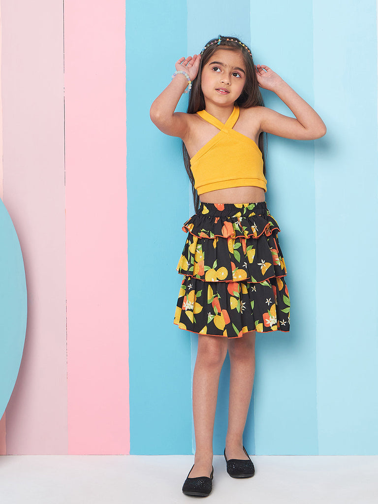 Girls Ribbed Halter Neck Top with Skirt (sk-orangelemon)