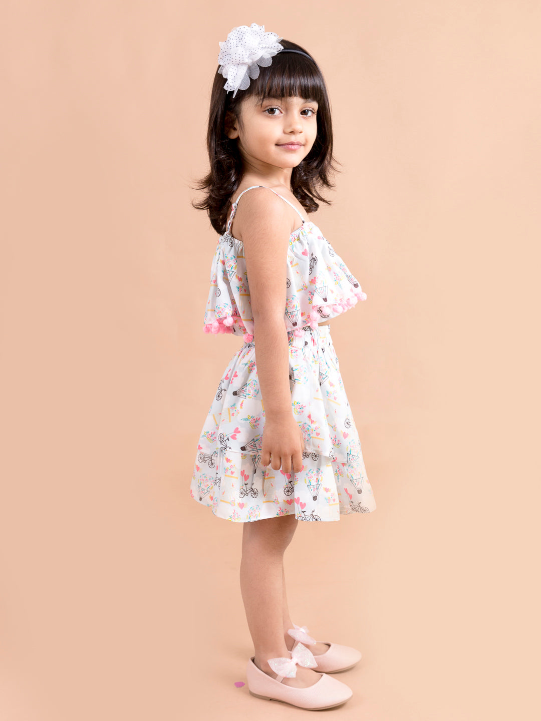 Girls White Pink Printed Top Skirt Co-Ord Set (sk-parachute)