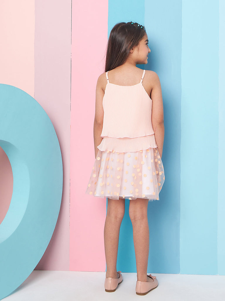 Girls Peach-coloured solid Top Shoulder Straps sleeveless Top With Peach-coloured self design Skirt (sk-peachpolka)