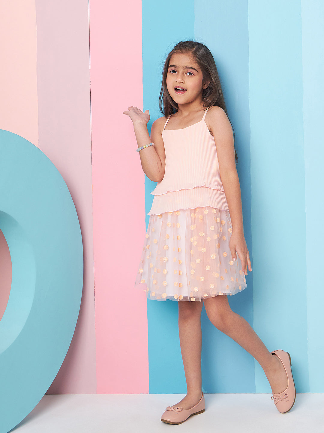 Girls Peach-coloured solid Top Shoulder Straps sleeveless Top With Peach-coloured self design Skirt (sk-peachpolka)