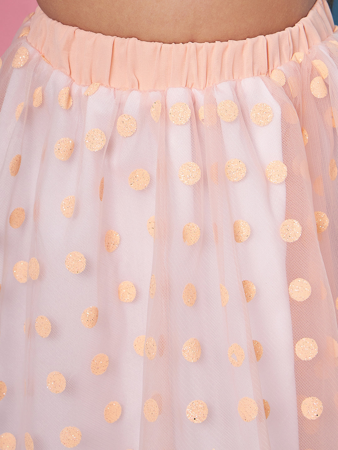 Girls Peach-coloured solid Top Shoulder Straps sleeveless Top With Peach-coloured self design Skirt (sk-peachpolka)