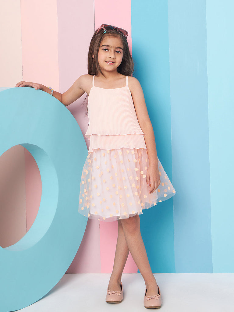 Girls Peach-coloured solid Top Shoulder Straps sleeveless Top With Peach-coloured self design Skirt (sk-peachpolka)