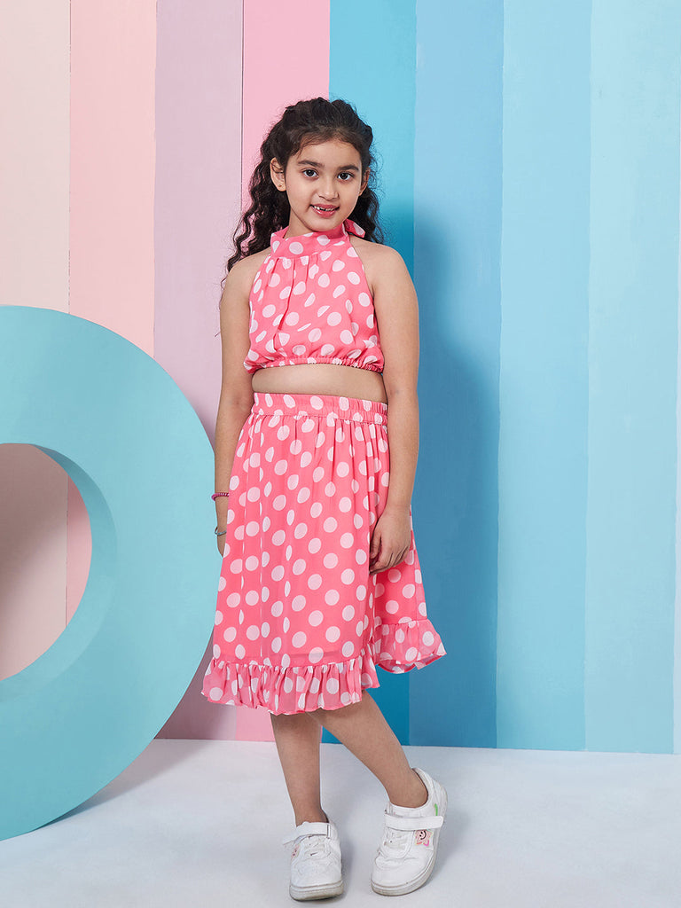 Polyester Western Shoulder Strip Round neck Skirt Set Pink (sk-pinkdot)