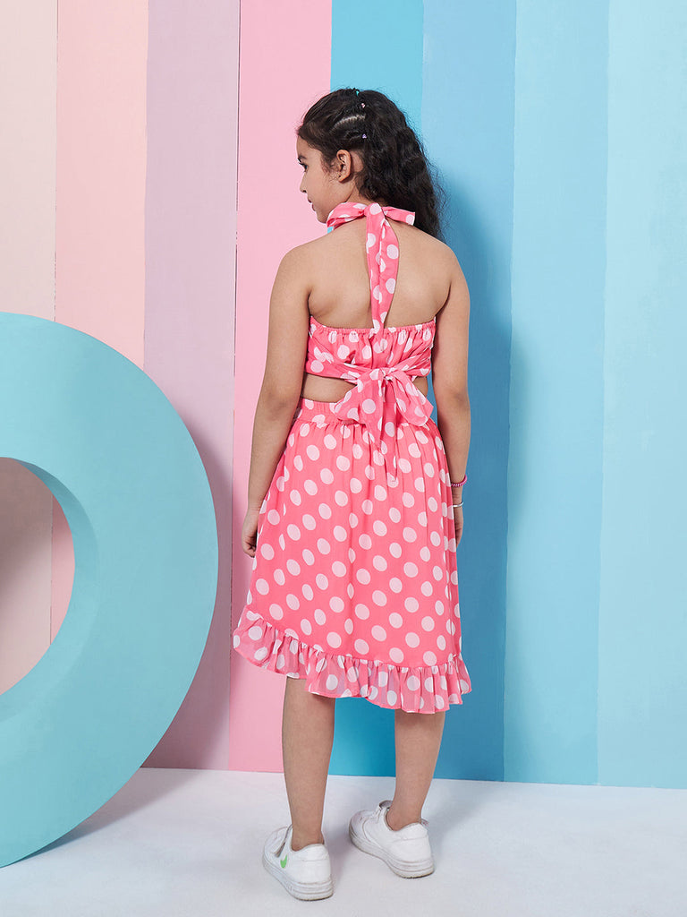 Polyester Western Shoulder Strip Round neck Skirt Set Pink (sk-pinkdot)