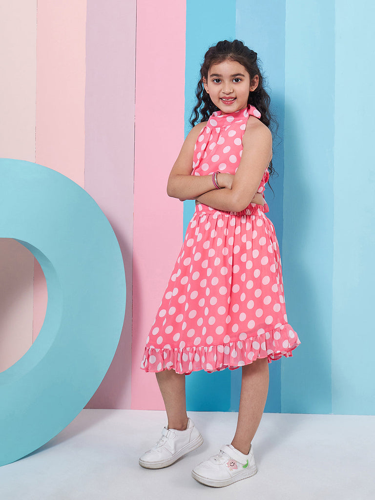 Polyester Western Shoulder Strip Round neck Skirt Set Pink (sk-pinkdot)