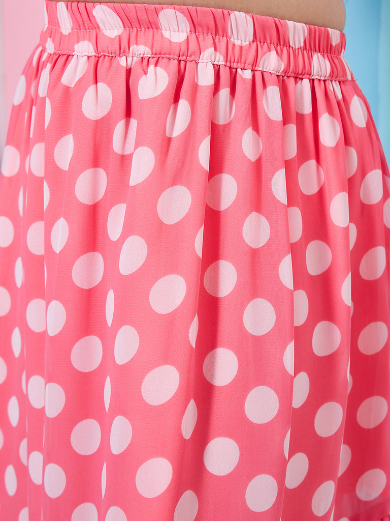 Polyester Western Shoulder Strip Round neck Skirt Set Pink (sk-pinkdot)