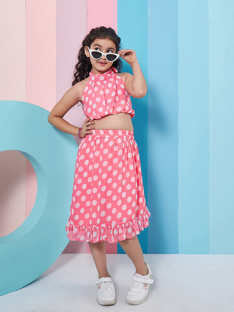 Polyester Western Shoulder Strip Round neck Skirt Set Pink (sk-pinkdot)