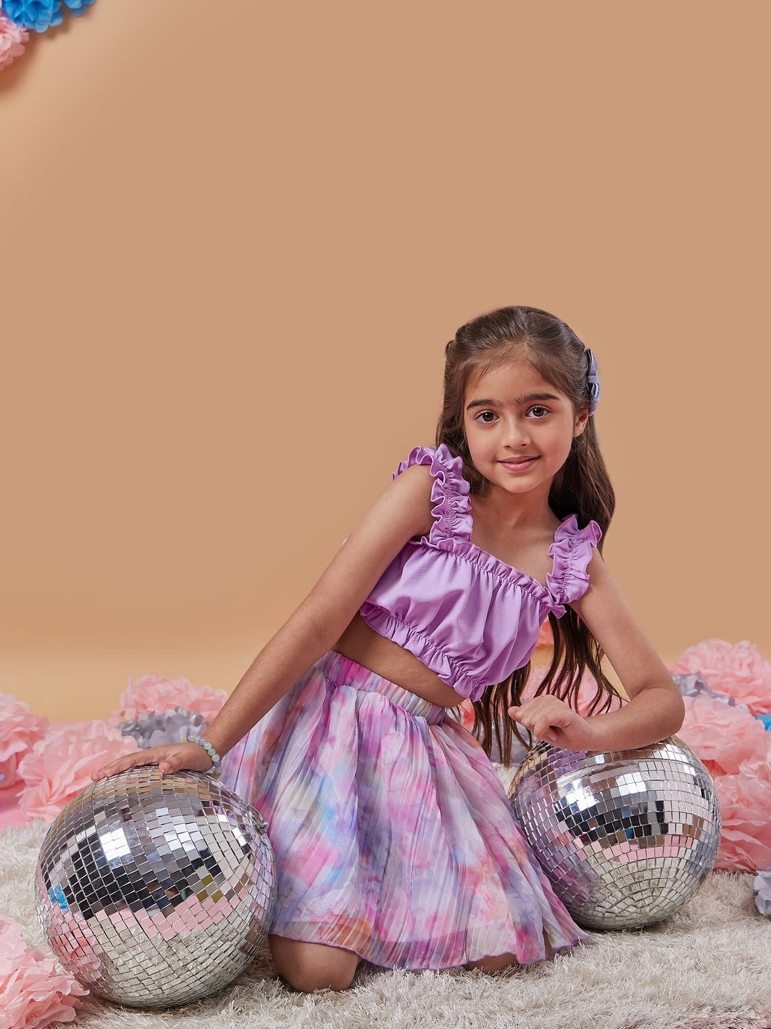 Girls Purple solid Top Square neck sleeveless Top With Skirt (sk-pleatlilac)