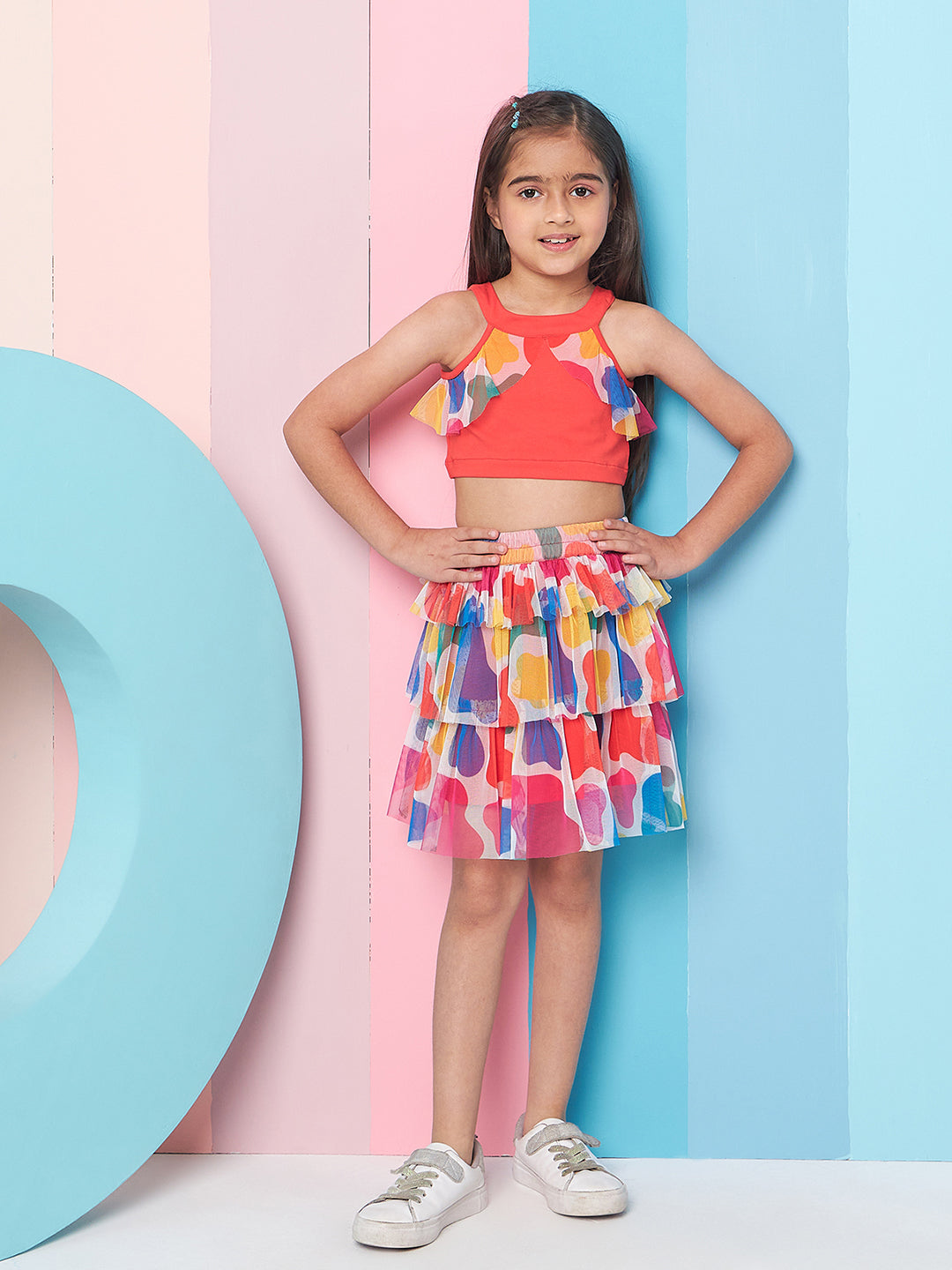 Girls Red and blue solid Round Neck sleeveless Ruffled Top with Skirt (sk-redmulti)
