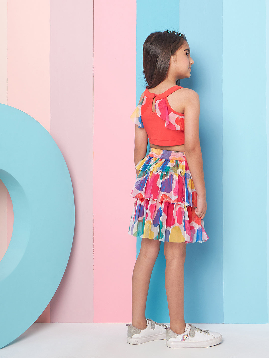 Girls Red and blue solid Round Neck sleeveless Ruffled Top with Skirt (sk-redmulti)