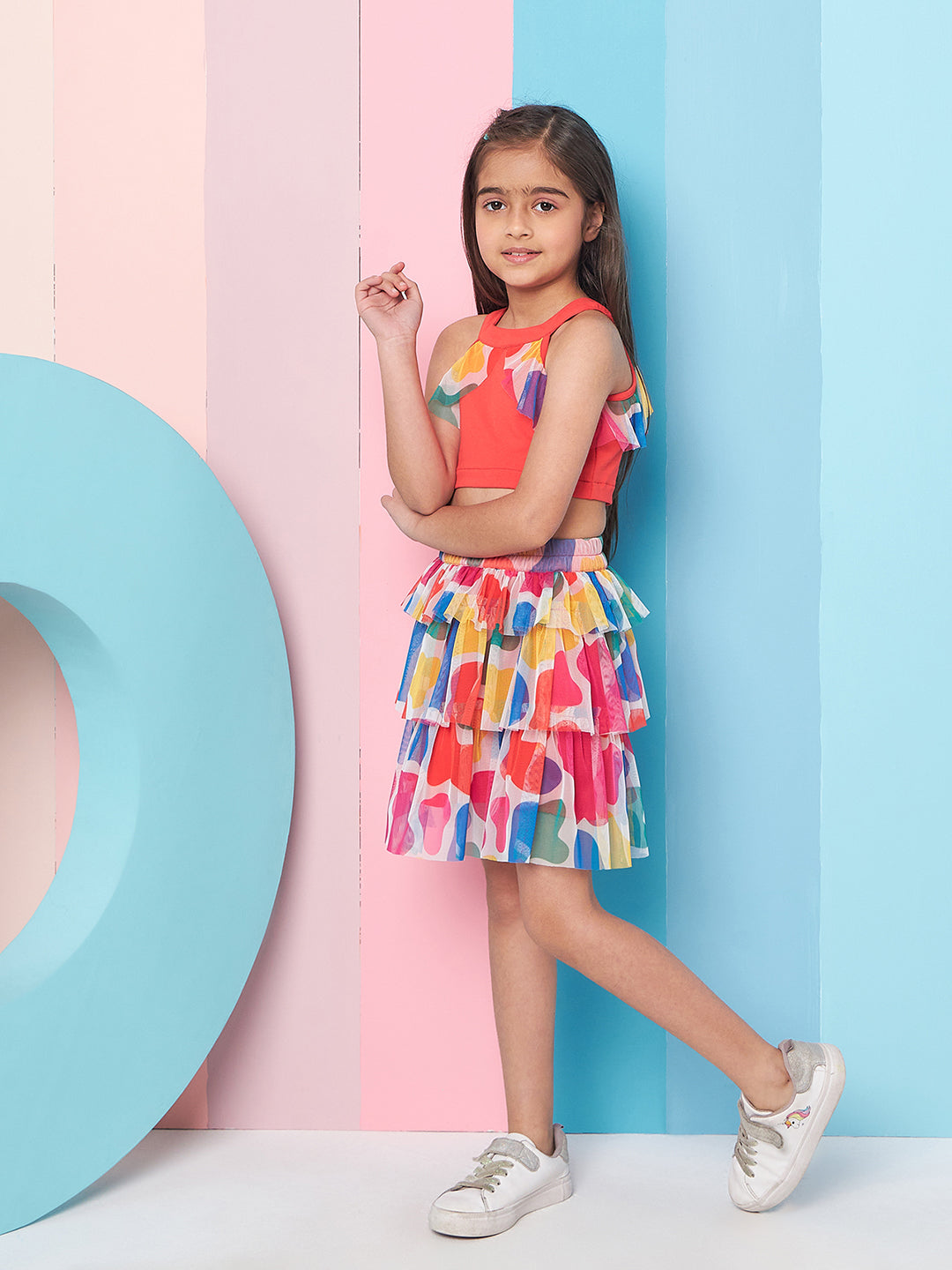 Girls Red and blue solid Round Neck sleeveless Ruffled Top with Skirt (sk-redmulti)