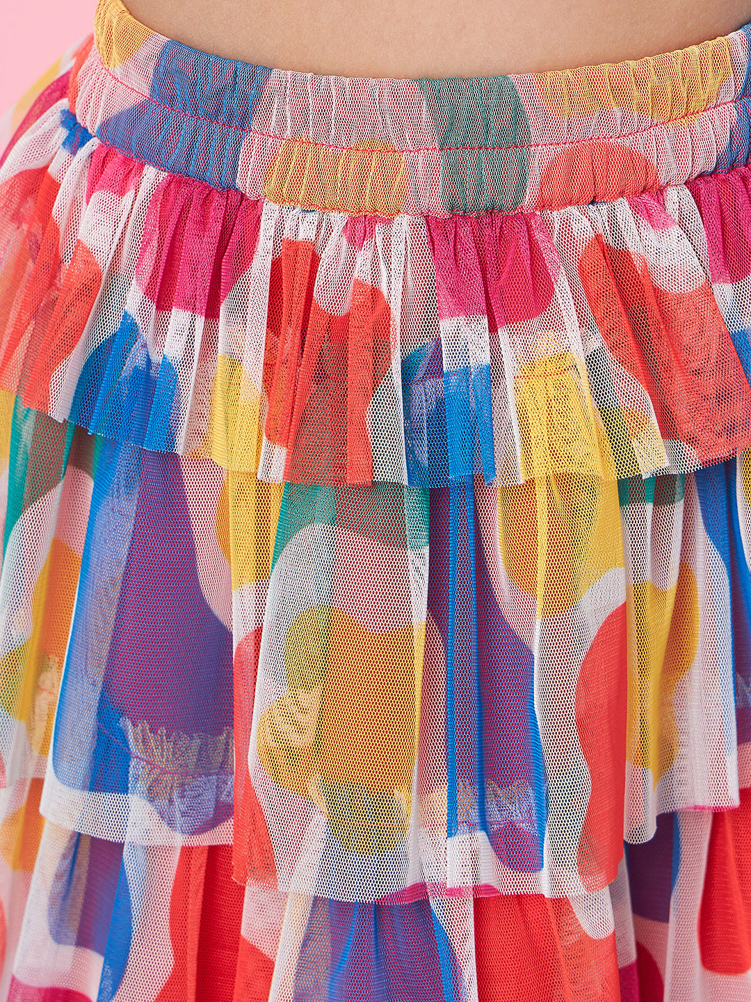 Girls Red and blue solid Round Neck sleeveless Ruffled Top with Skirt (sk-redmulti)