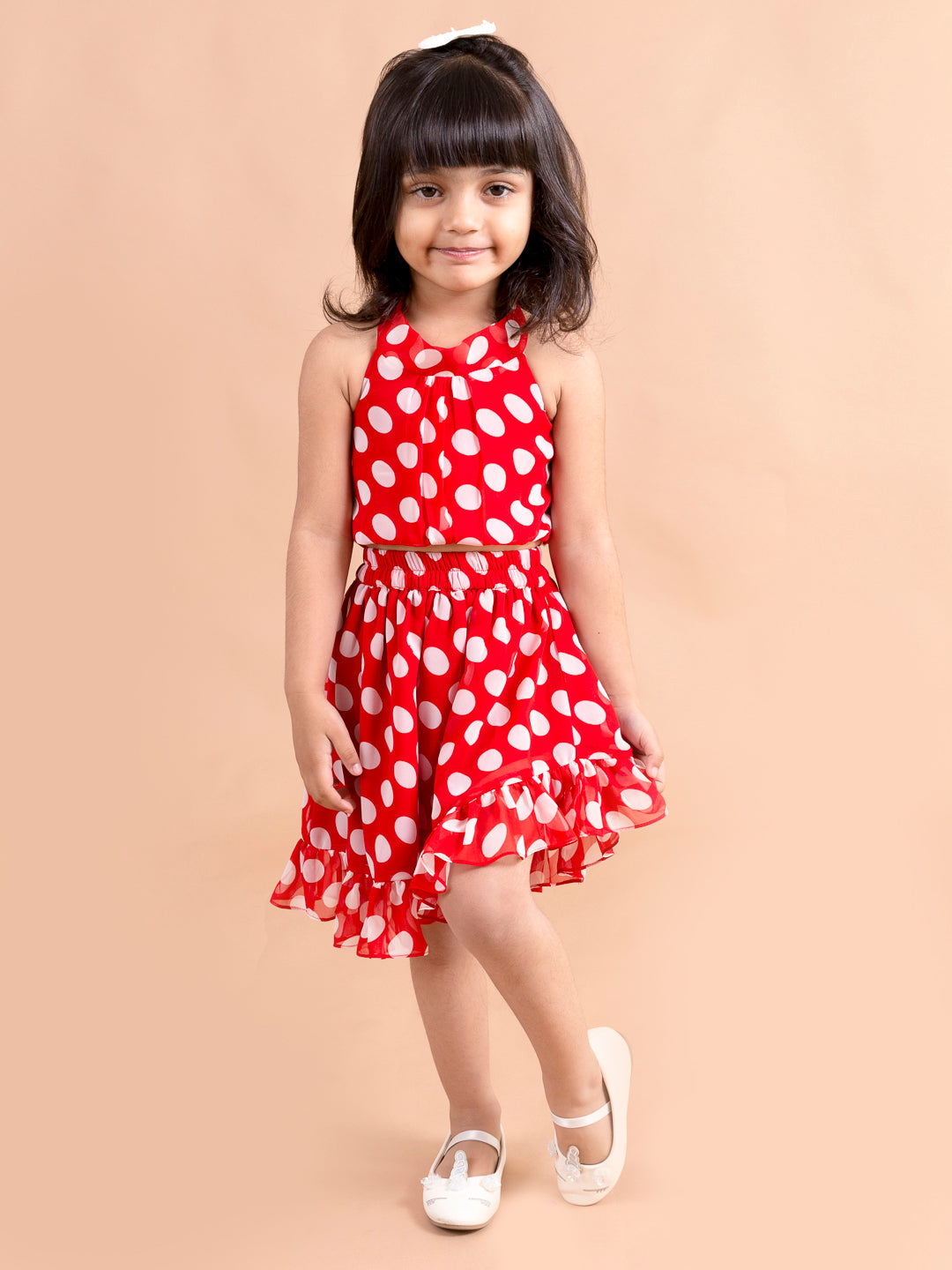 Pspeaches Girls Red White Printed Top With Skirt (SK-RED POLKA)