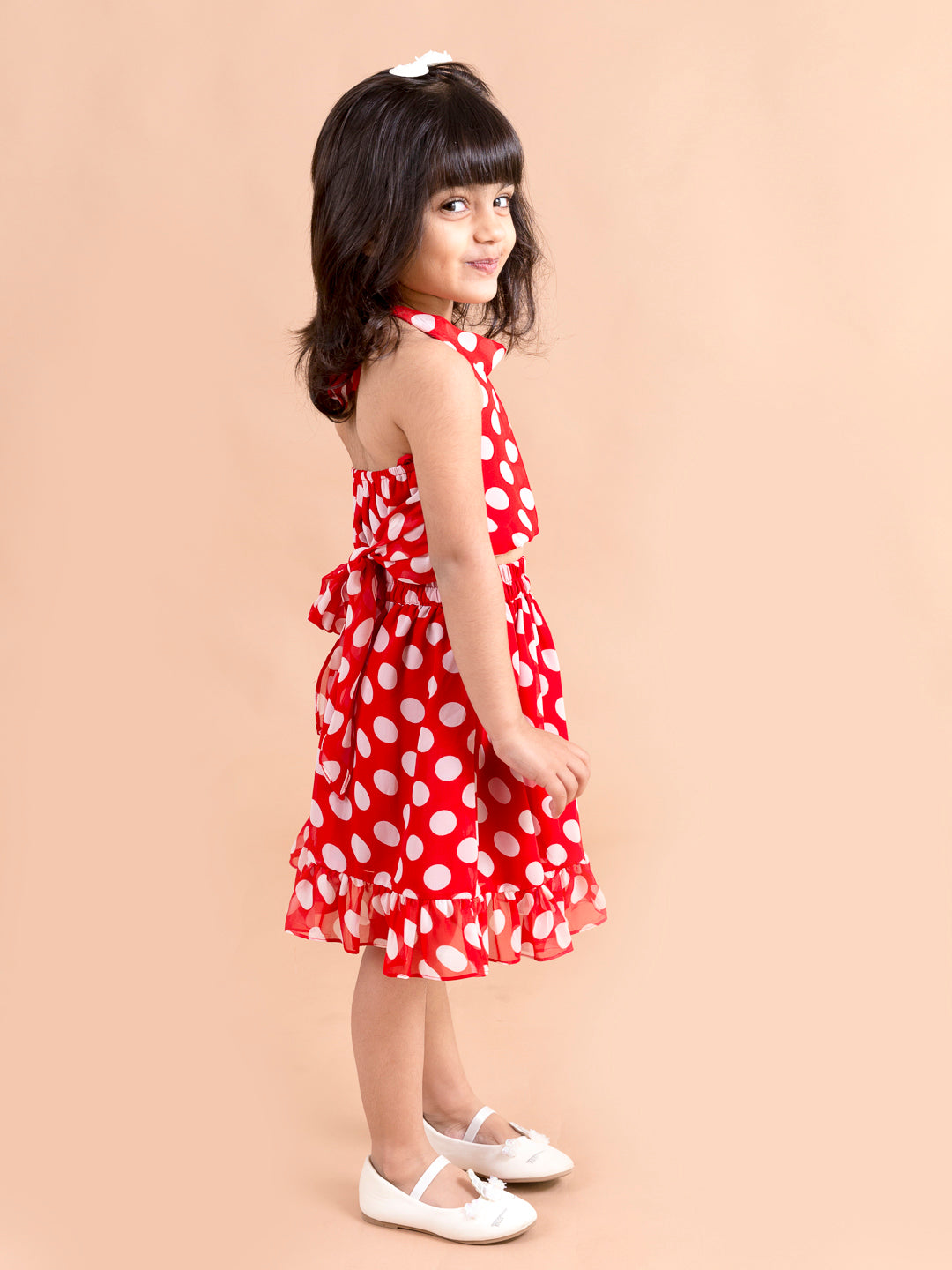 Pspeaches Girls Red White Printed Top With Skirt (SK-RED POLKA)