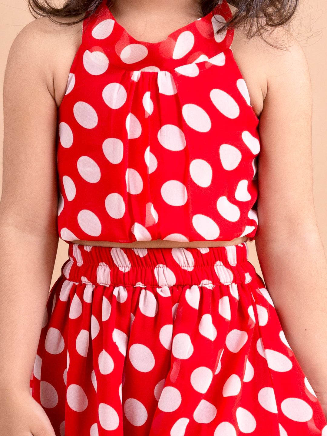 Pspeaches Girls Red White Printed Top With Skirt (SK-RED POLKA)