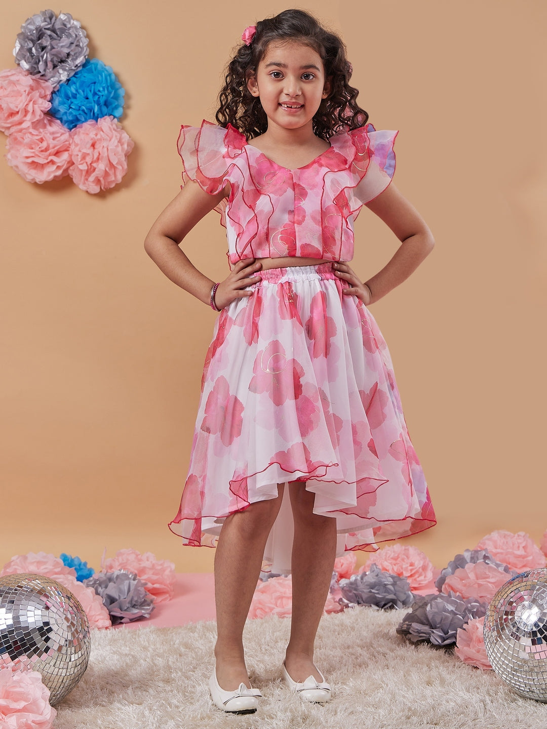 Girls White and pink printed Floral Crop round neck sleeveless Top With Skirt (sk-roseorganza)