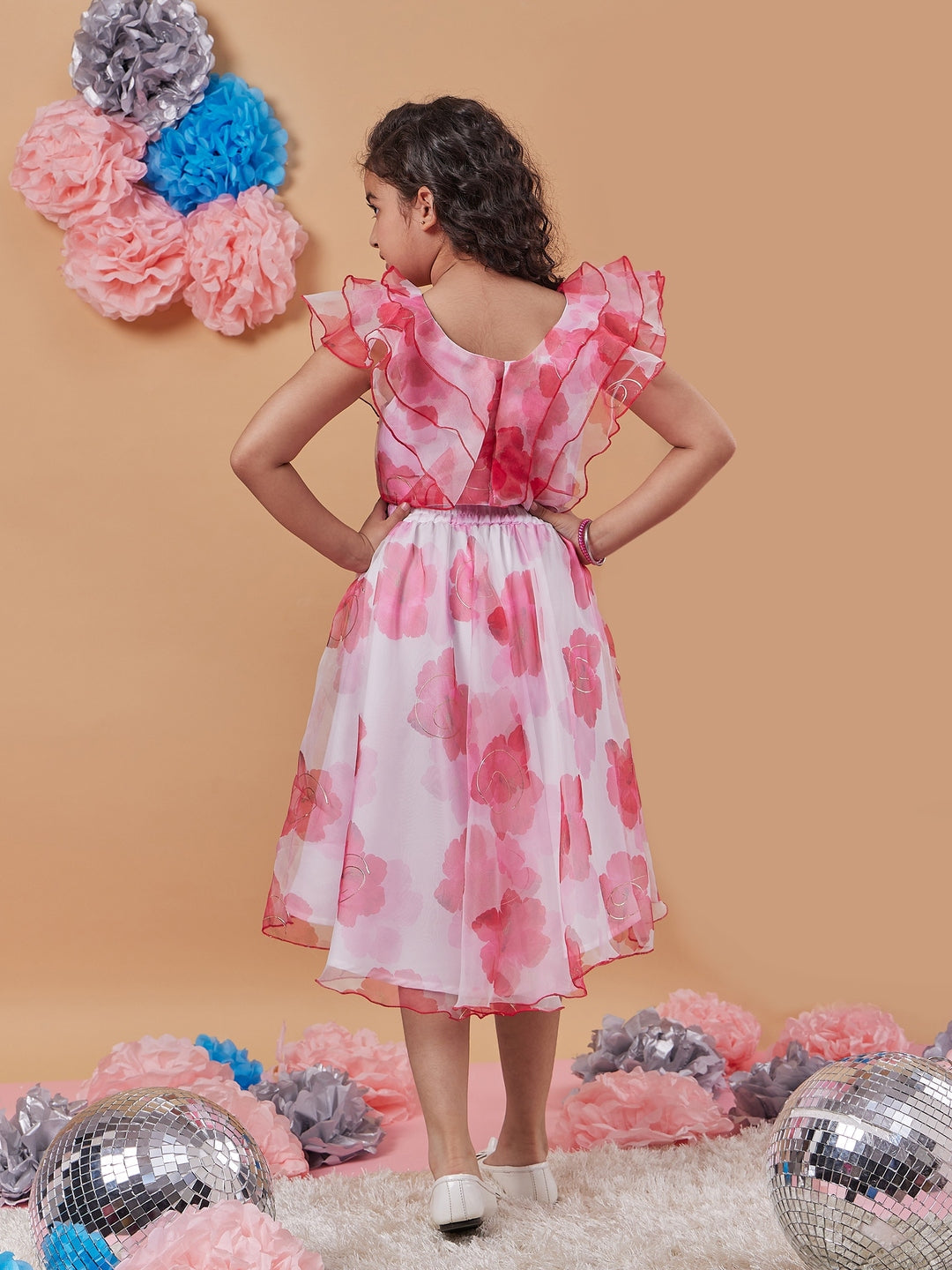 Girls White and pink printed Floral Crop round neck sleeveless Top With Skirt (sk-roseorganza)