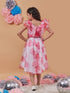Girls White and pink printed Floral Crop round neck sleeveless Top With Skirt (sk-roseorganza)