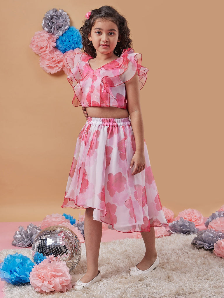 Girls White and pink printed Floral Crop round neck sleeveless Top With Skirt (sk-roseorganza)
