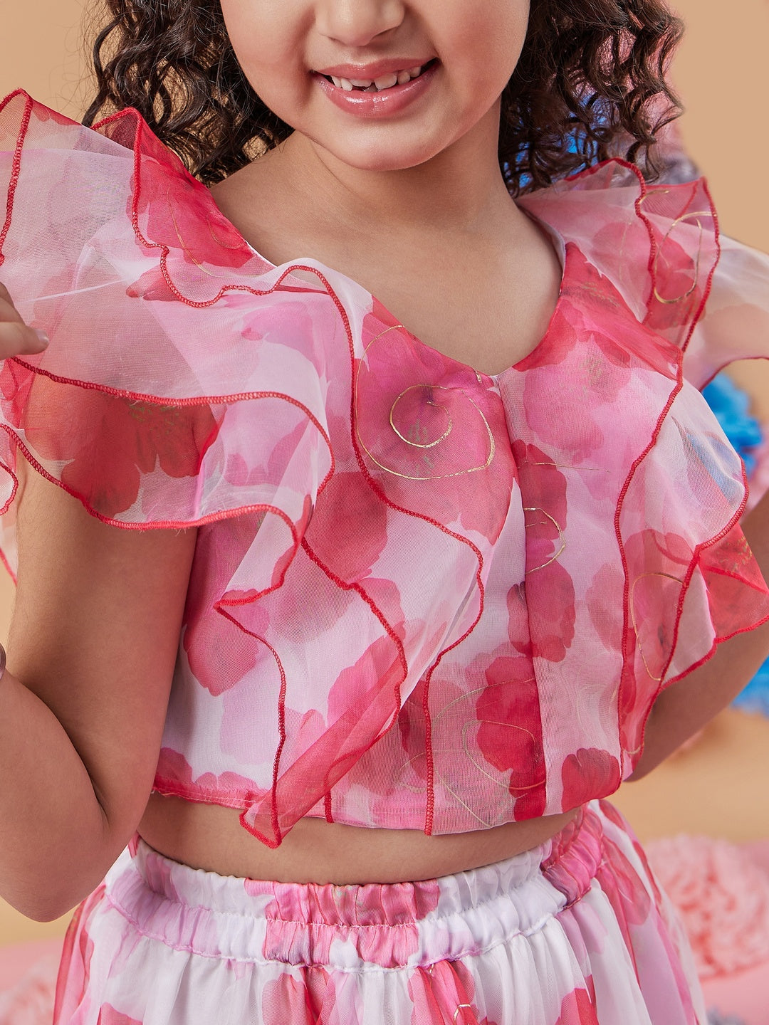 Girls White and pink printed Floral Crop round neck sleeveless Top With Skirt (sk-roseorganza)