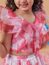 Girls White and pink printed Floral Crop round neck sleeveless Top With Skirt (sk-roseorganza)