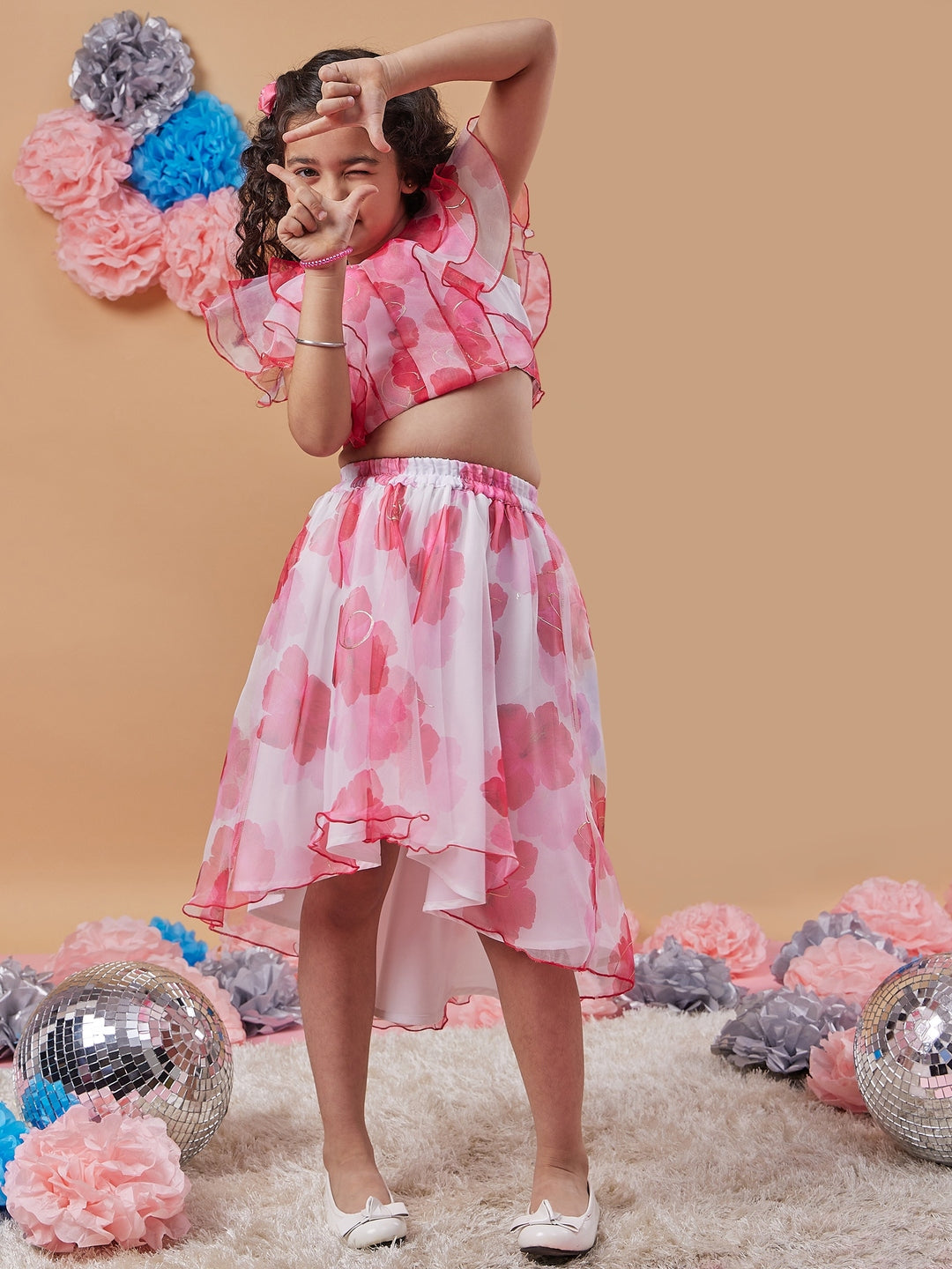 Girls White and pink printed Floral Crop round neck sleeveless Top With Skirt (sk-roseorganza)