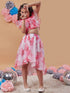 Girls White and pink printed Floral Crop round neck sleeveless Top With Skirt (sk-roseorganza)