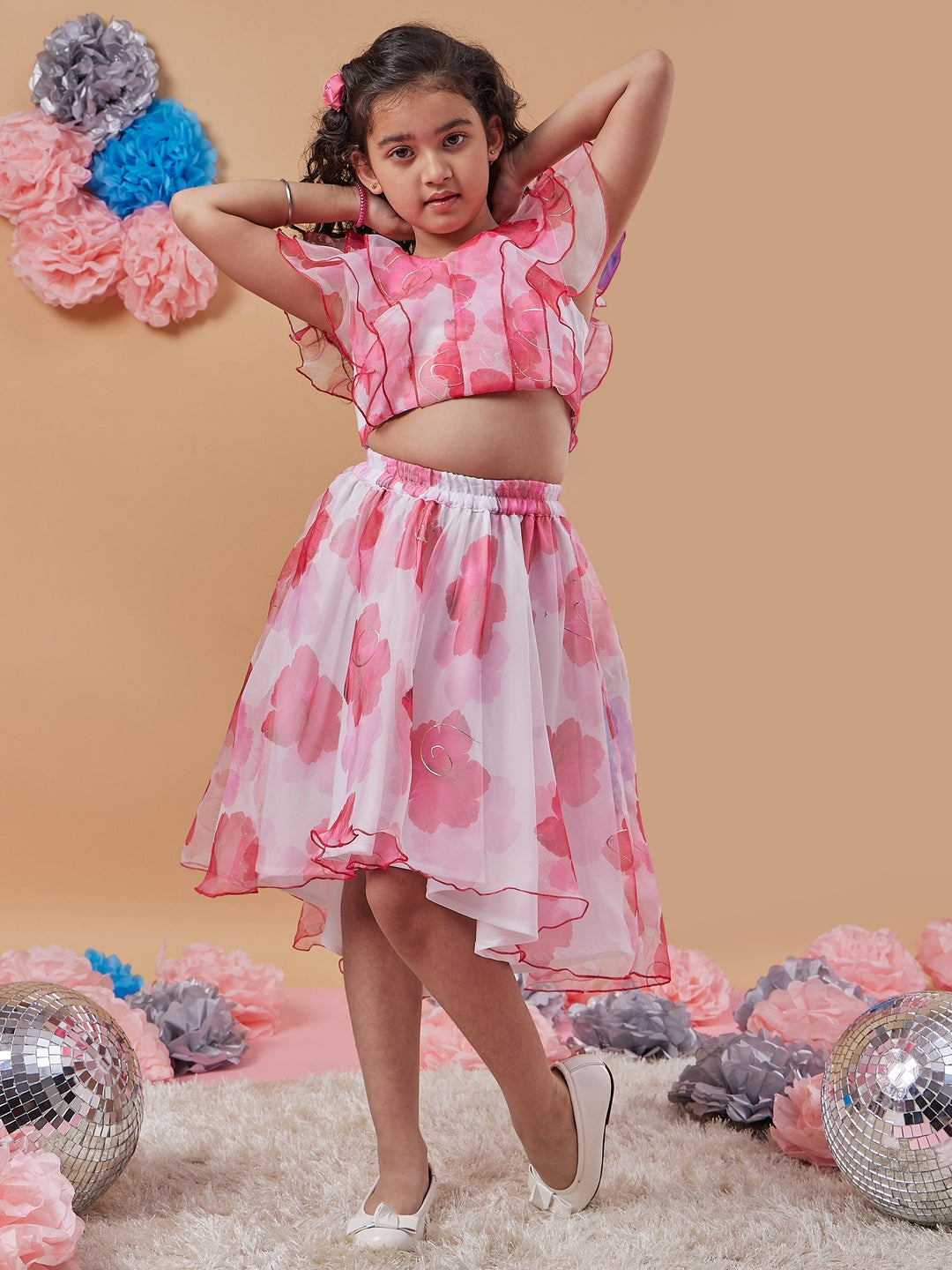 Girls White and pink printed Floral Crop round neck sleeveless Top With Skirt (sk-roseorganza)
