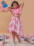 Girls White and pink printed Floral Crop round neck sleeveless Top With Skirt (sk-roseorganza)