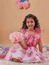 Girls White and pink printed Floral Crop round neck sleeveless Top With Skirt (sk-roseorganza)