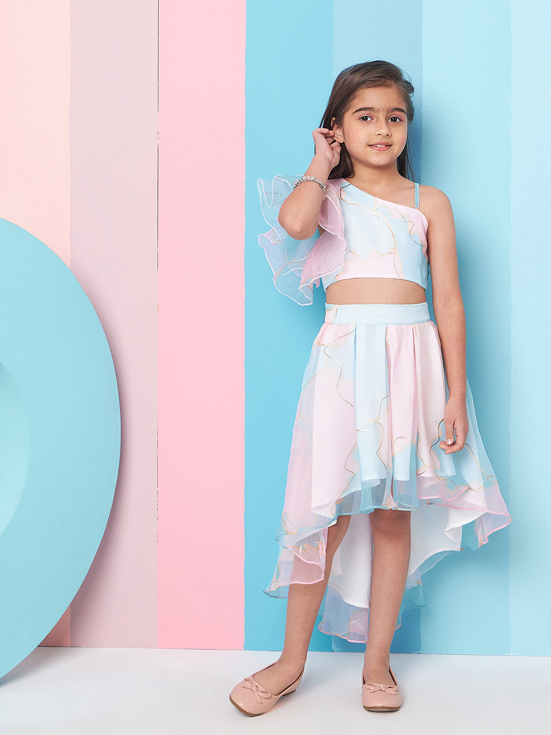 Girls Pink and blue Printed One Shoulder Flutter Sleeves Top With Skirt (sk-uniorganza)