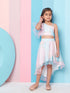 Girls Pink and blue Printed One Shoulder Flutter Sleeves Top With Skirt (sk-uniorganza)