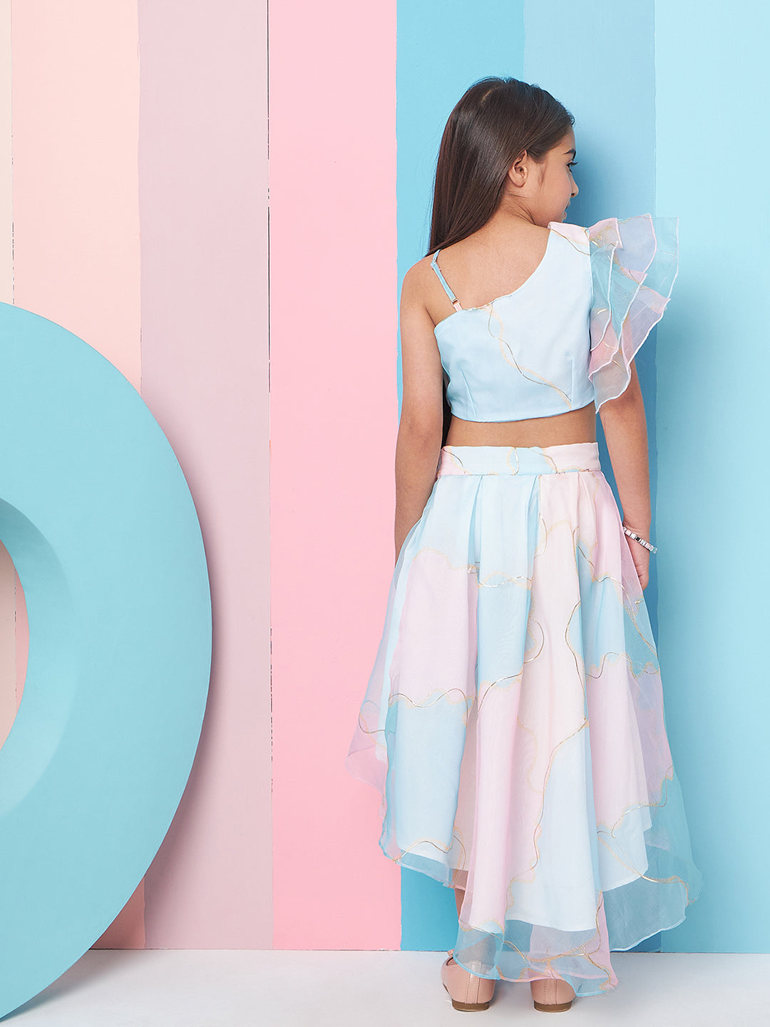 Girls Pink and blue Printed One Shoulder Flutter Sleeves Top With Skirt (sk-uniorganza)