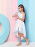 Girls Pink and blue Printed One Shoulder Flutter Sleeves Top With Skirt (sk-uniorganza)
