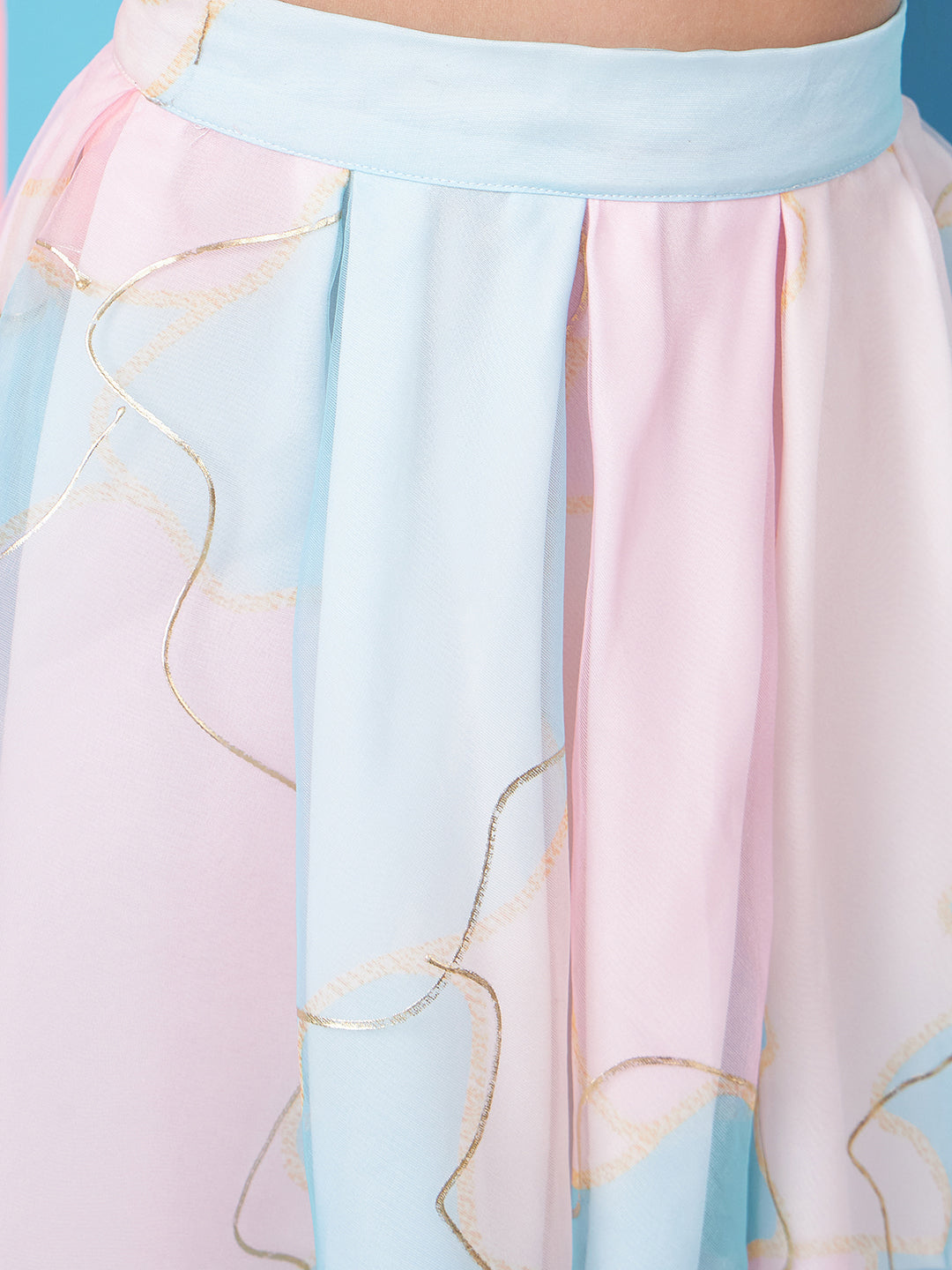 Girls Pink and blue Printed One Shoulder Flutter Sleeves Top With Skirt (sk-uniorganza)