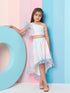 Girls Pink and blue Printed One Shoulder Flutter Sleeves Top With Skirt (sk-uniorganza)