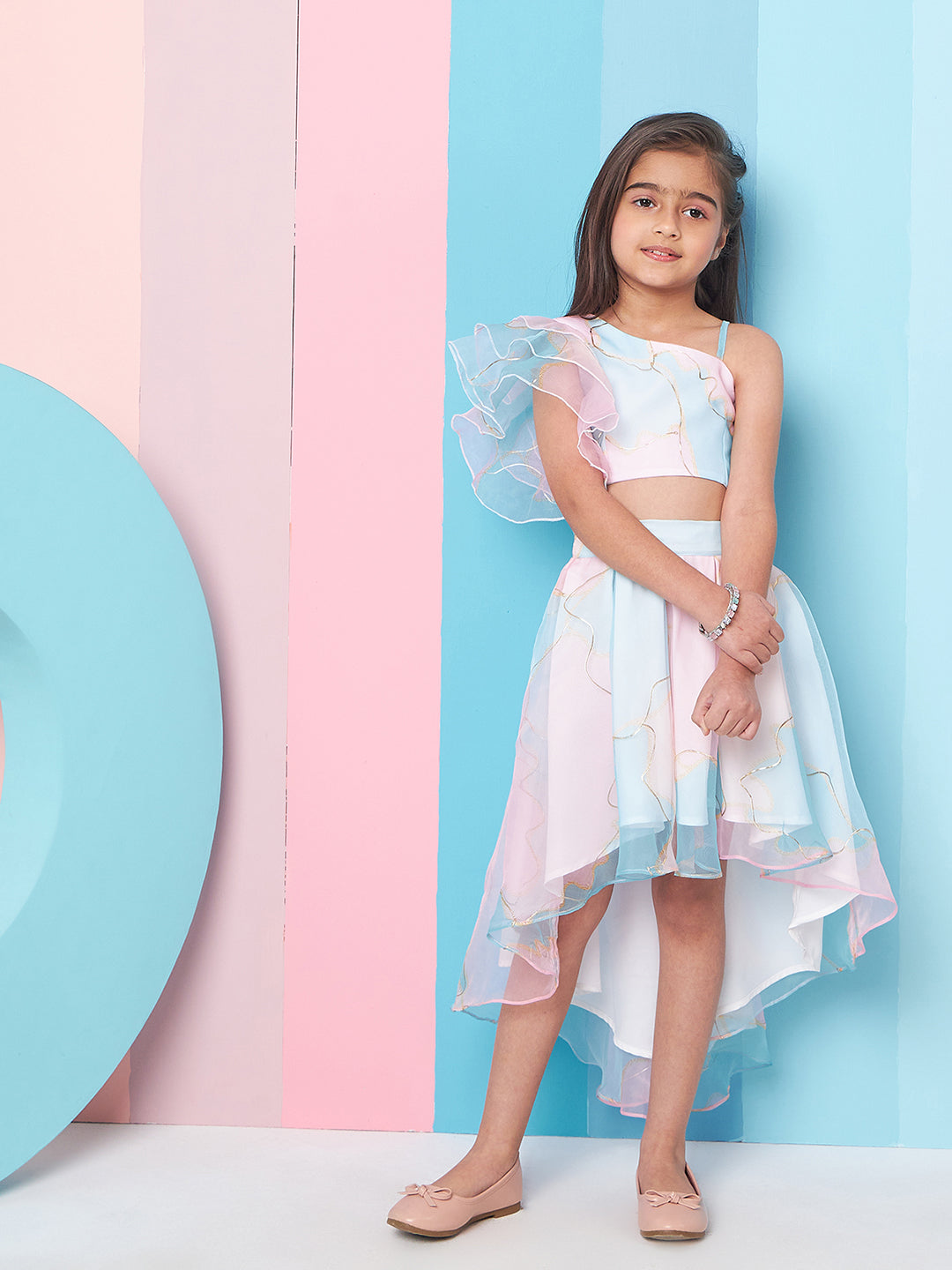 Girls Pink and blue Printed One Shoulder Flutter Sleeves Top With Skirt (sk-uniorganza)