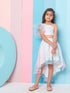 Girls Pink and blue Printed One Shoulder Flutter Sleeves Top With Skirt (sk-uniorganza)
