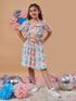 Girls White, blue and Orange Floral Printed Ruched Square Neck Short Sleeves Crop Top With Skirt (sk-whitefloral)